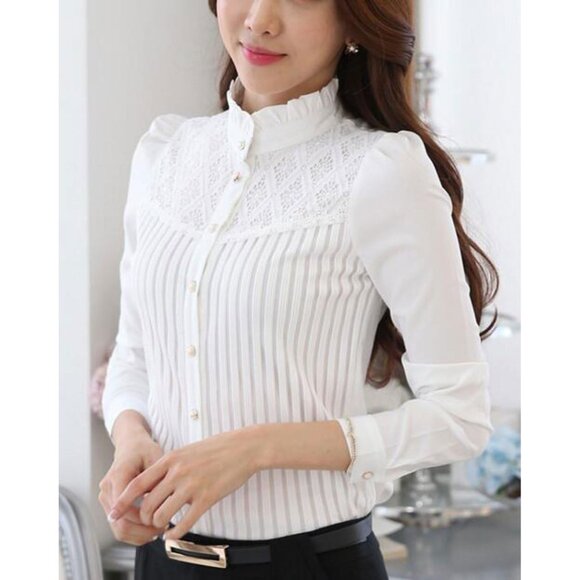 Women's Vintage Pleated Button Down Blouse Chiffon Long Sleeve Stretch - Picture 5 of 6